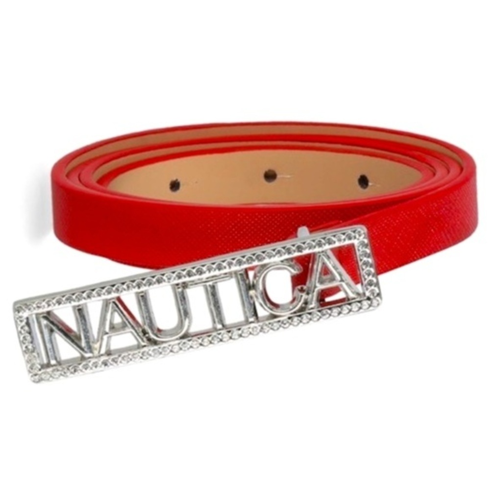 NWT Nautica Logo Silver Bling Buckle Red Slim Belt